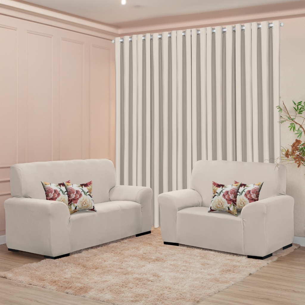 Kit Sala Liso Decoração Completa - Cortina 3M + Capa Sofá Coladinha 3 e 2 Lugar + 4 Capa de Almofada
