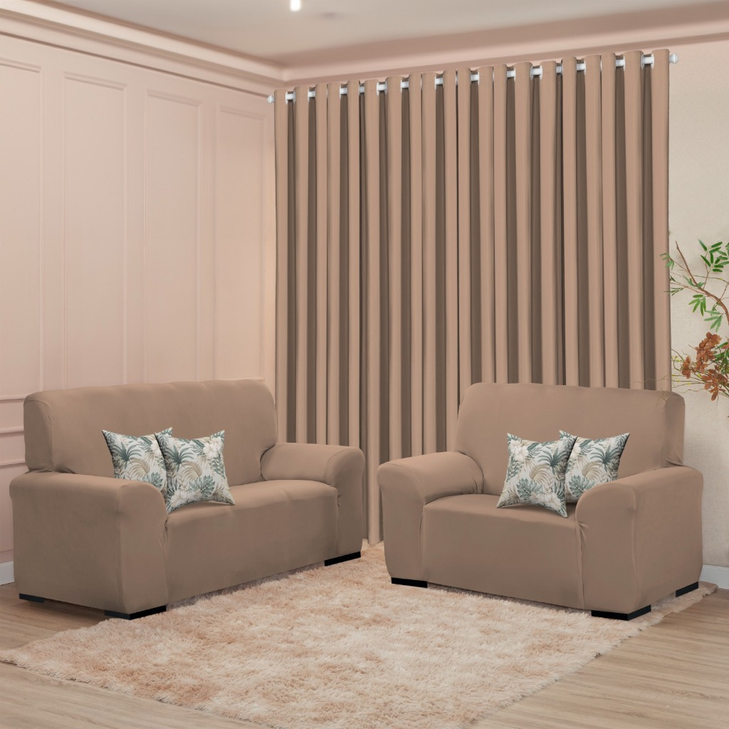 Kit Sala Decoração Completa - Cortina 3M + Capa Sofá Coladinha 3 e 2 Lugar + Brinde de 4 Capas de Almofada