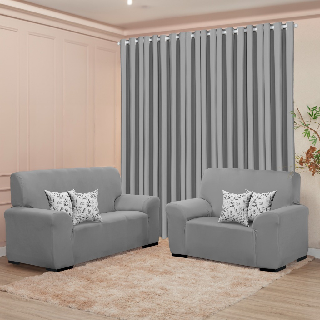 Kit Sala Decoração Completa - Cortina 3M + Capa Sofá Coladinha 3 e 2 Lugar + Brinde de 4 Capas de Almofada