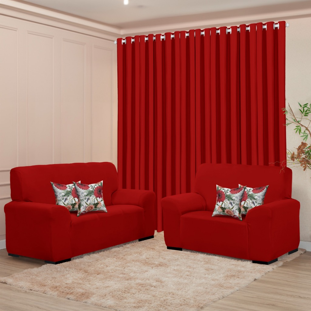 Kit Sala Decoração Completa - Cortina 3M + Capa Sofá Coladinha 3 e 2 Lugar + Brinde de 4 Capas de Almofada
