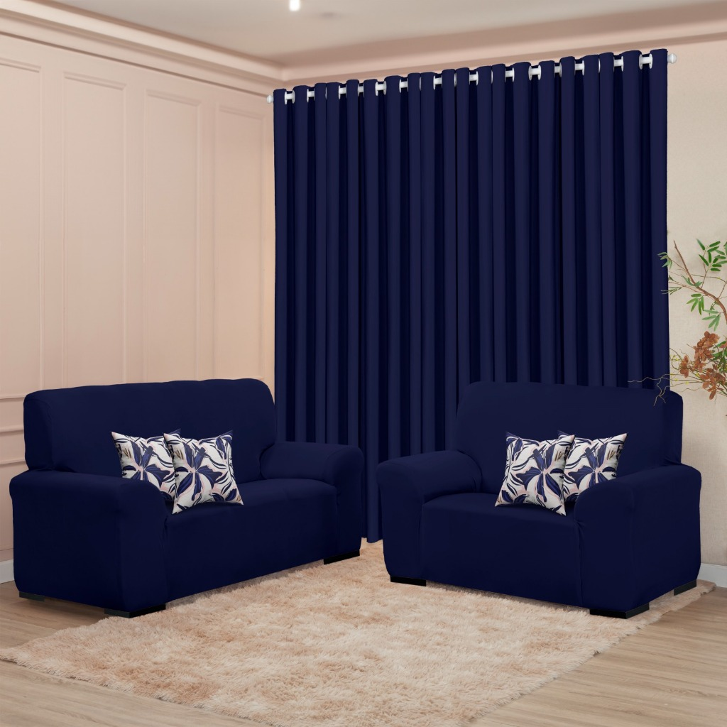 Kit Sala Decoração Completa - Cortina 3M + Capa Sofá Coladinha 3 e 2 Lugar + Brinde de 4 Capas de Almofada