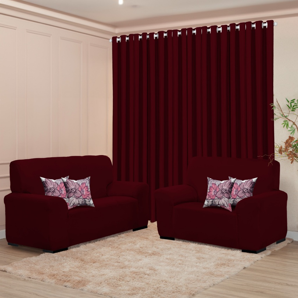 Kit Sala Decoração Completa - Cortina 3M + Capa Sofá Coladinha 3 e 2 Lugar + Brinde de 4 Capas de Almofada