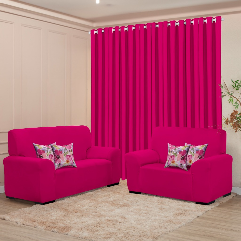 Kit Sala Decoração Completa - Cortina 3M + Capa Sofá Coladinha 3 e 2 Lugar + Brinde de 4 Capas de Almofada