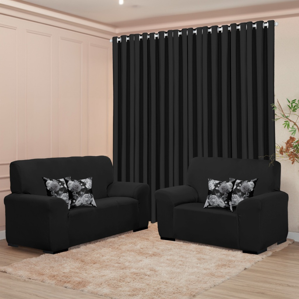 Kit Sala Decoração Completa - Cortina 3M + Capa Sofá Coladinha 3 e 2 Lugar + Brinde de 4 Capas de Almofada