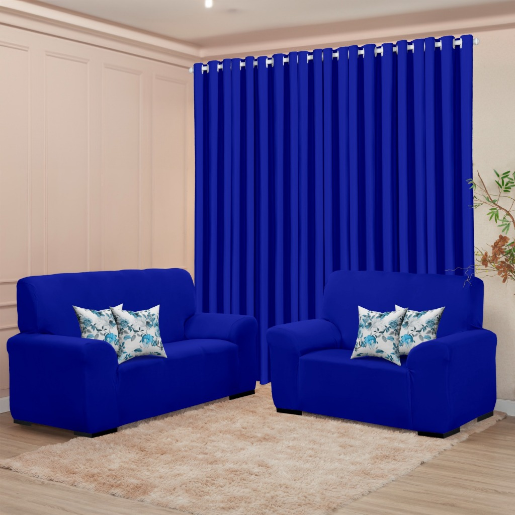 Kit Sala Decoração Completa - Cortina 3M + Capa Sofá Coladinha 3 e 2 Lugar + Brinde de 4 Capas de Almofada