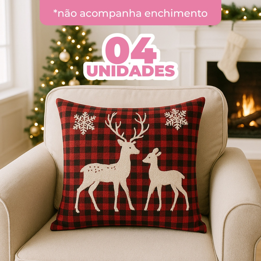 Kit 4 Capas de Almofadas Decorativas 45x45cm Feliz Natal Sala Quarto e Decoração