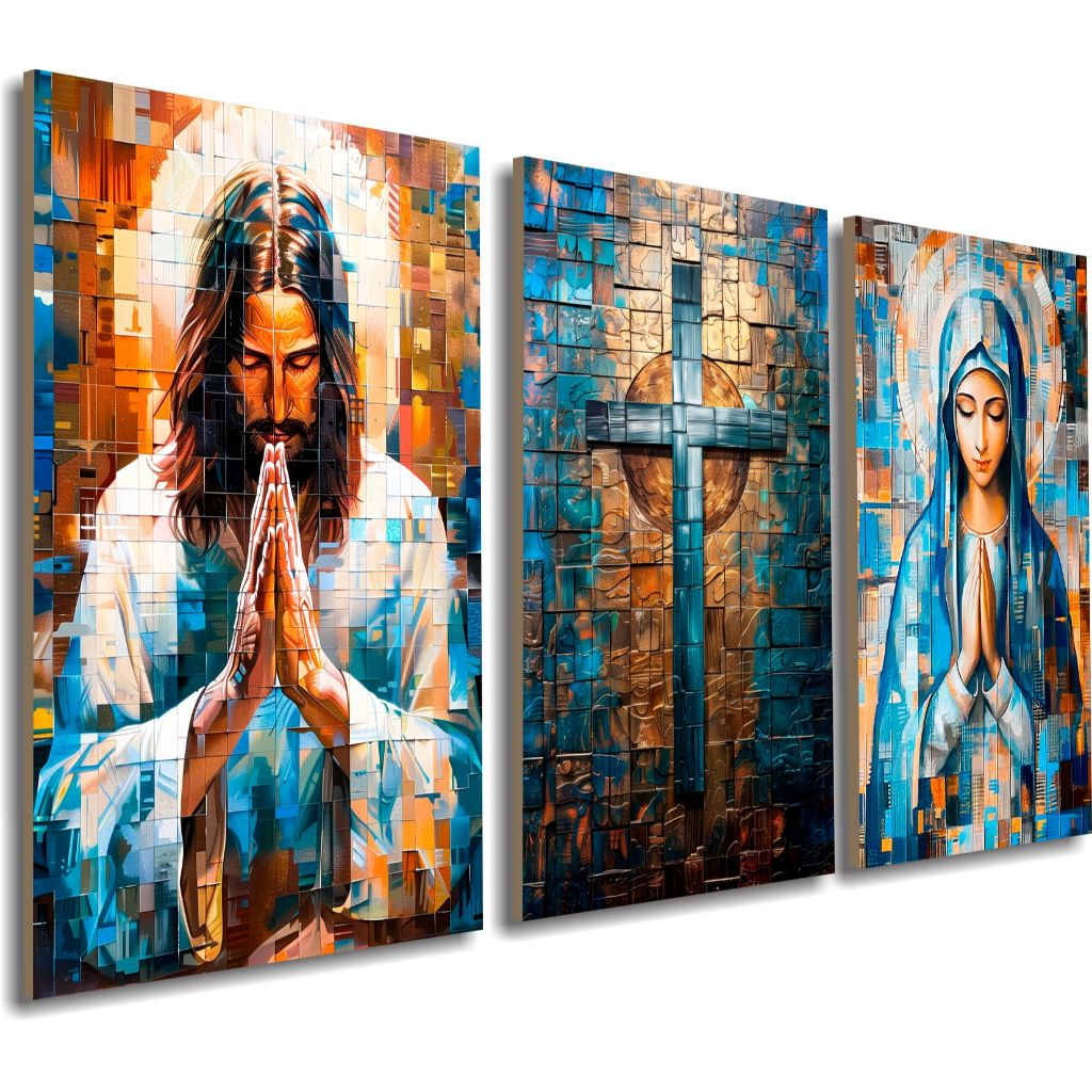 Quadro Decorativo Exclusivo Religioso Jesus Cristo Maria Cruz Sagrada Decoração Religiosa Sala