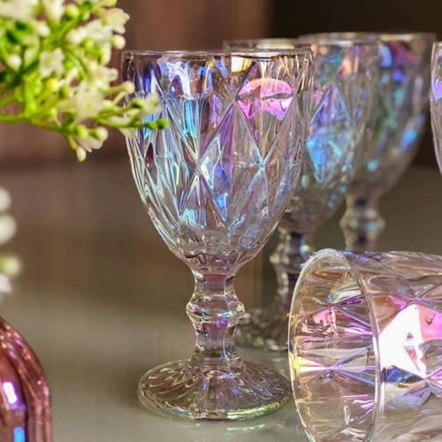 Jogo de 6 Taças de Vidro Diamond Transparente Ambar Furta Cor Verde Azul Fume Bico De Jaca 330ml