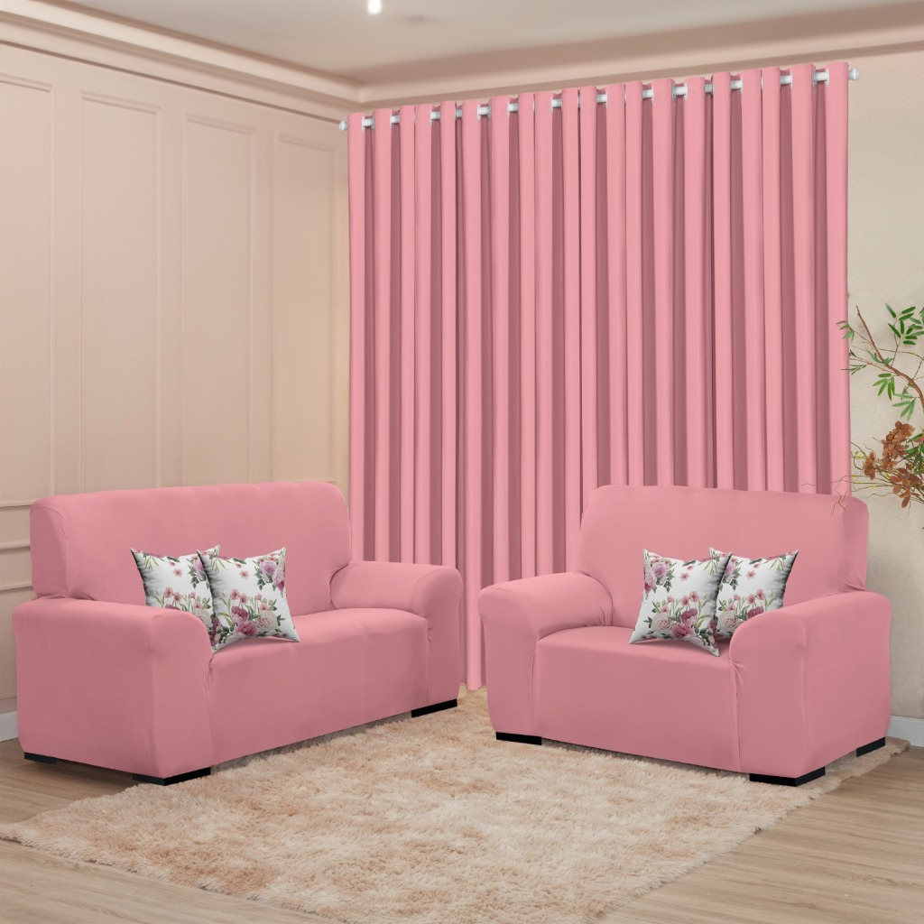 Kit Sala Liso Decoração Completa - Cortina 3M + Capa Sofá Coladinha 3 e 2 Lugar + 4 Capa de Almofada