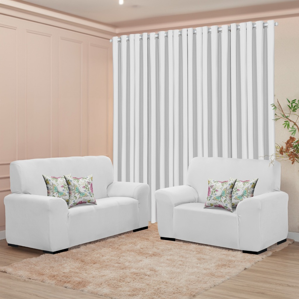 Kit Sala Liso Decoração Completa - Cortina 3M + Capa Sofá Coladinha 3 e 2 Lugar + 4 Capa de Almofada