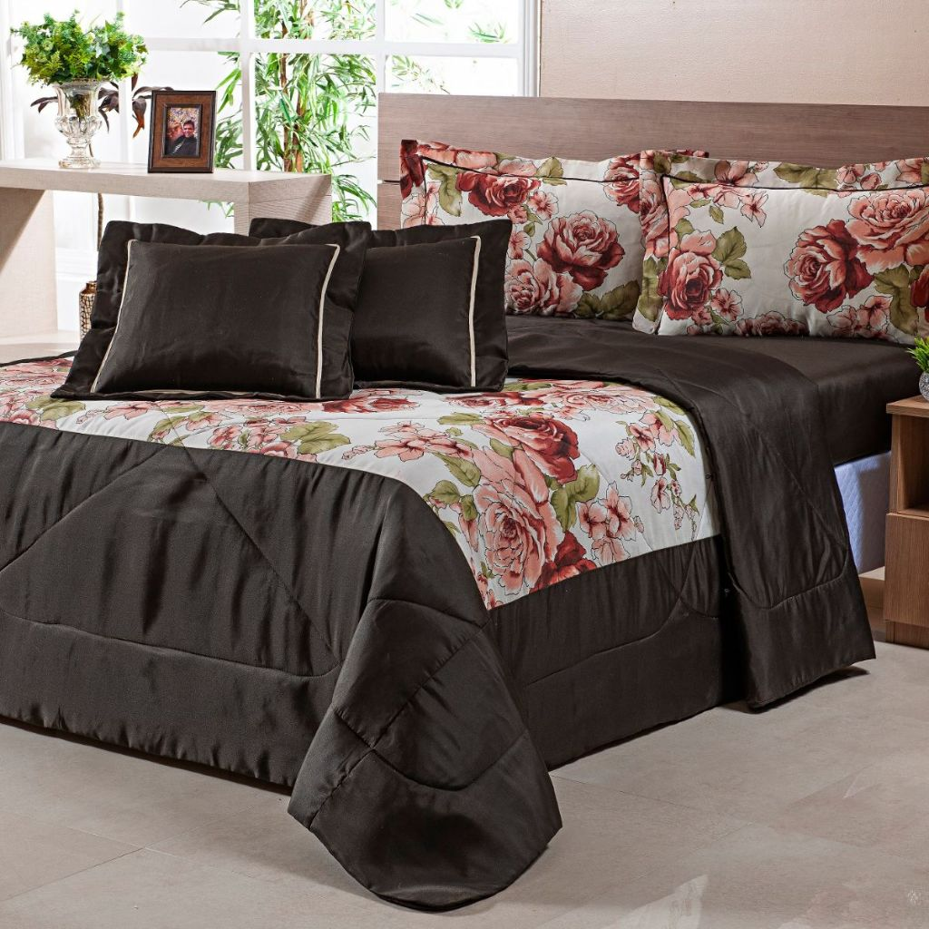 Edredom Colcha Estampada 05 Peças Cobre Leito Queen Dupla Face