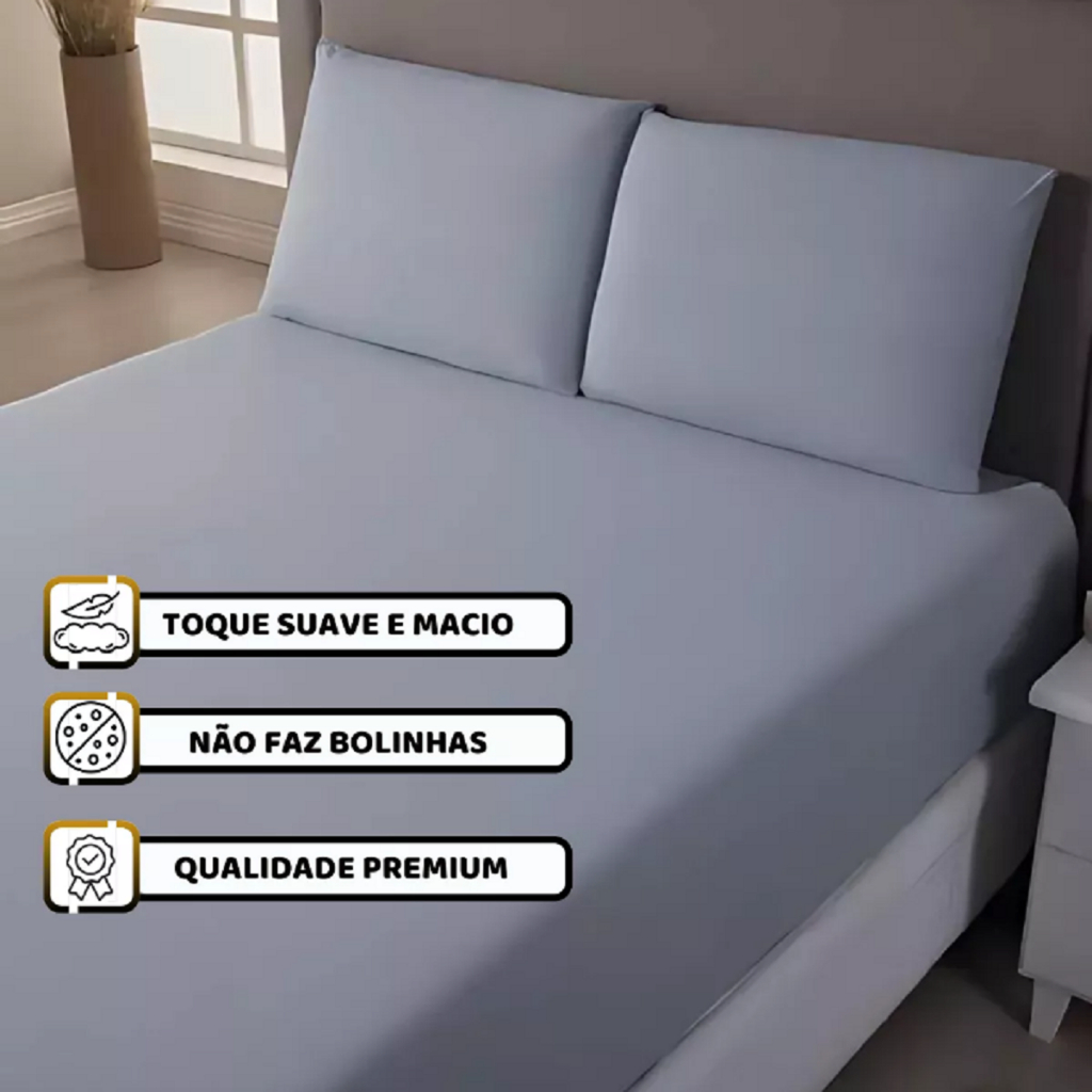 Kit Jogo de Lençol Queen 400 Fios com Elástico + 2 Travesseiros Pluma de Ganso