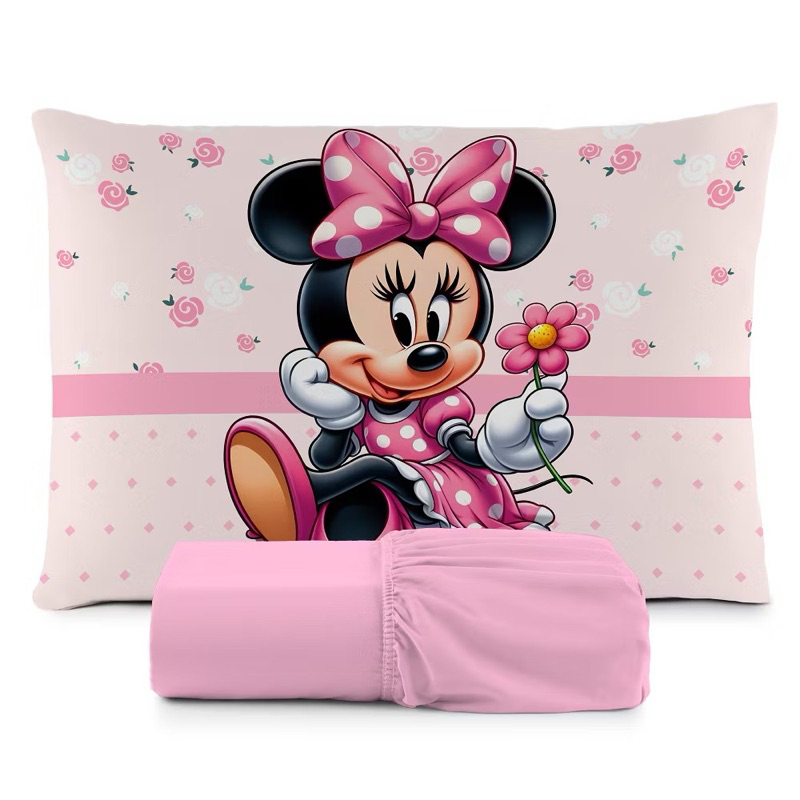 JOGO DE LENÇOL SOLTEIRO INFANTIL MINNIE FLOR DELICADA FRONHA TRAVESSEIRO, LENÇOL DE ELASTICO