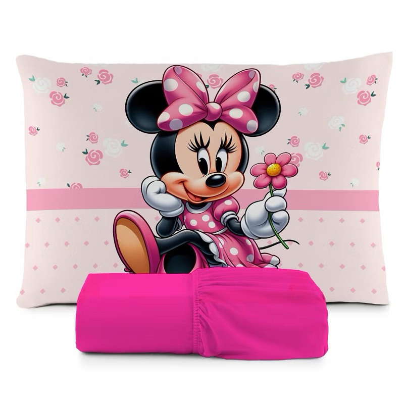 JOGO DE LENÇOL SOLTEIRO INFANTIL MINNIE FLOR DELICADA FRONHA TRAVESSEIRO, LENÇOL DE ELASTICO