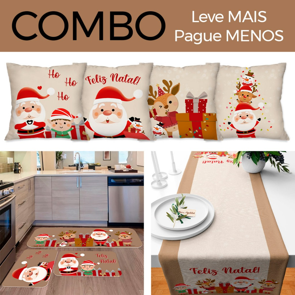 COMBO NATALINO: Kit com 4 Capas para Almofadas + Kit com 3 Tapetes para Cozinha + Trilho de Mesa 01