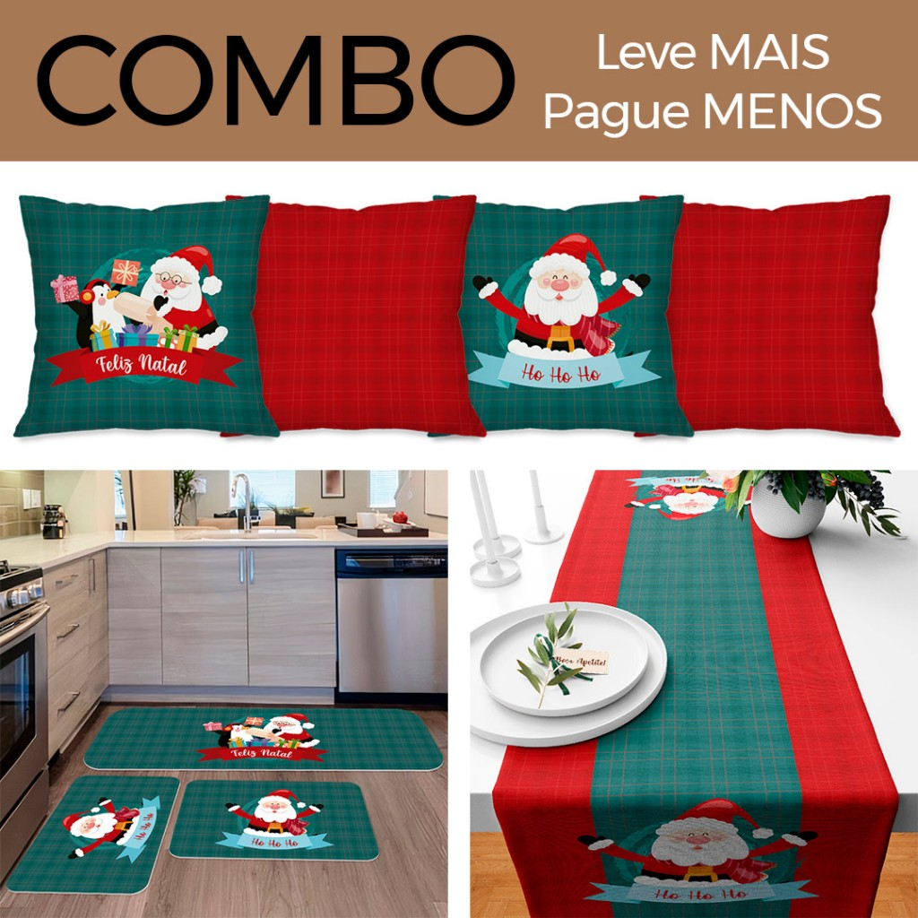 COMBO NATALINO: Kit com 4 Capas para Almofadas + Kit com 3 Tapetes para Cozinha + Trilho de Mesa 01