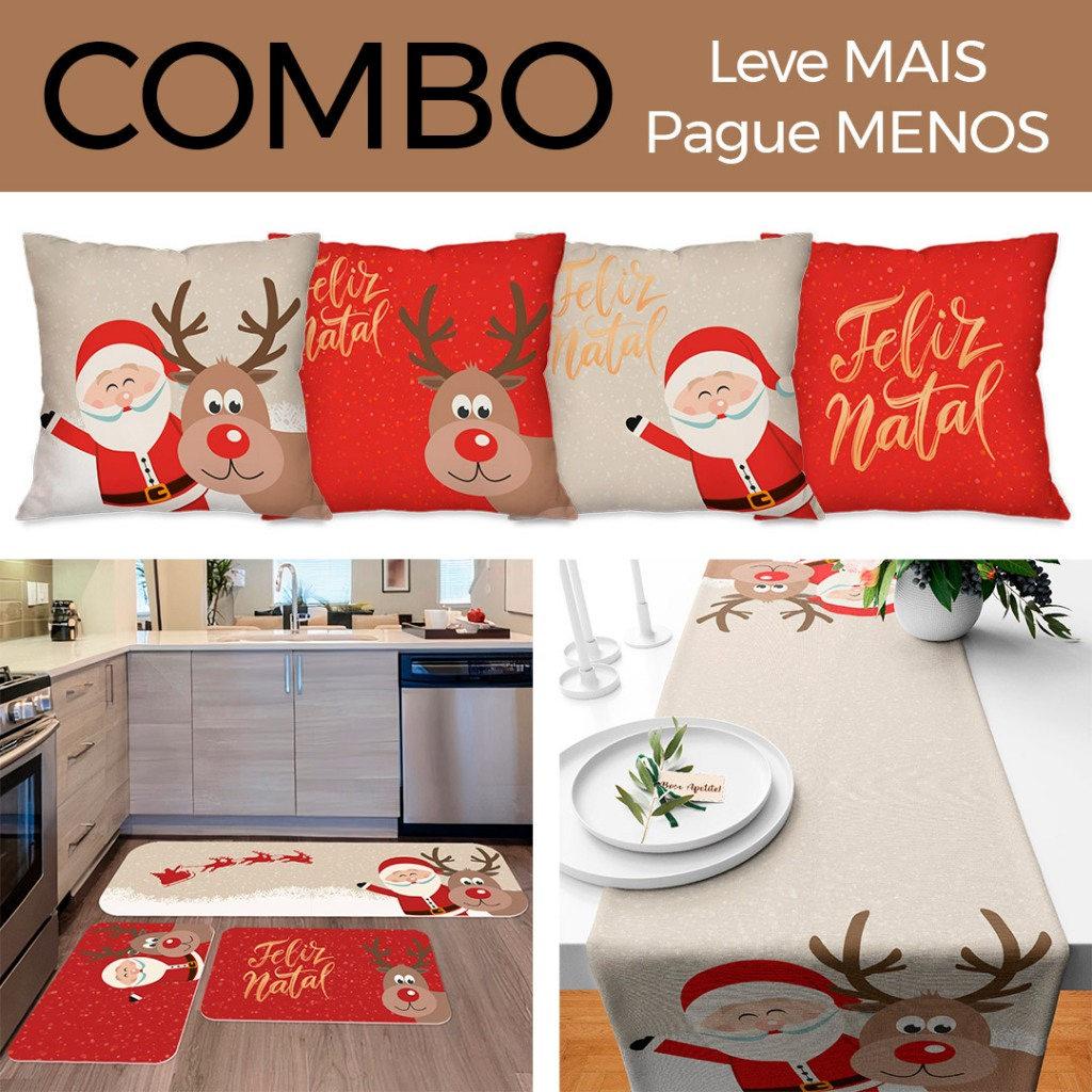 COMBO NATALINO: Kit com 4 Capas para Almofadas + Kit com 3 Tapetes para Cozinha + Trilho de Mesa 01