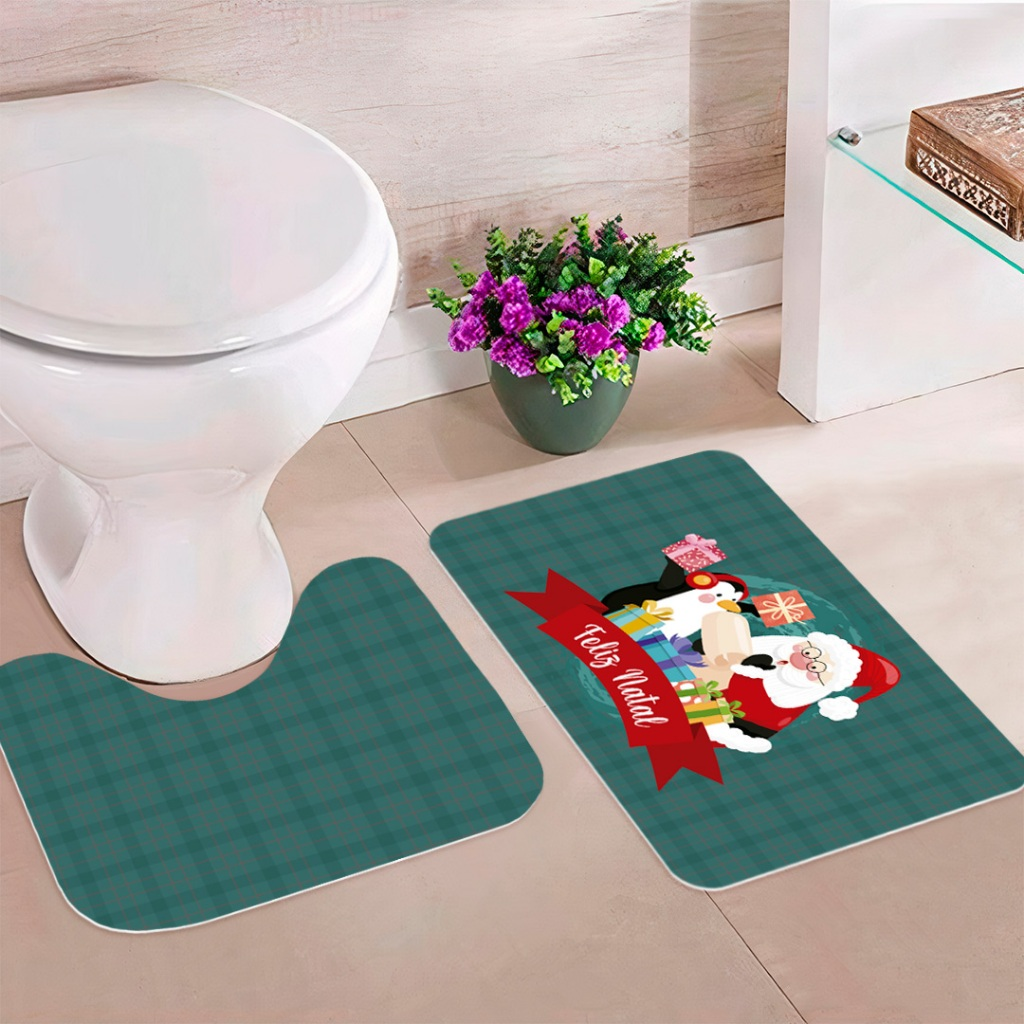 Jogo de 2 Tapetes para Banheiro Decorativos Exclusivo Natalino Antiderrapante Noel e Amigos