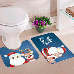 Jogo de 2 Tapetes para Banheiro Decorativos Exclusivo Natalino Antiderrapante Noel e Amigos