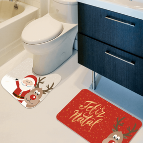 Jogo de 2 Tapetes para Banheiro Decorativos Exclusivo Natalino Antiderrapante Noel e Amigos