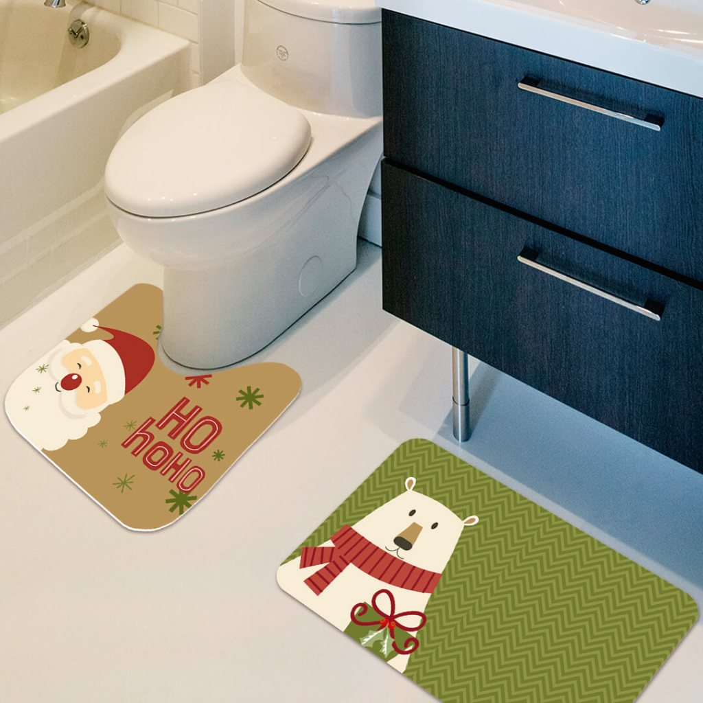 Jogo de 2 Tapetes para Banheiro Decorativos Exclusivo Natalino Antiderrapante Noel e Amigos