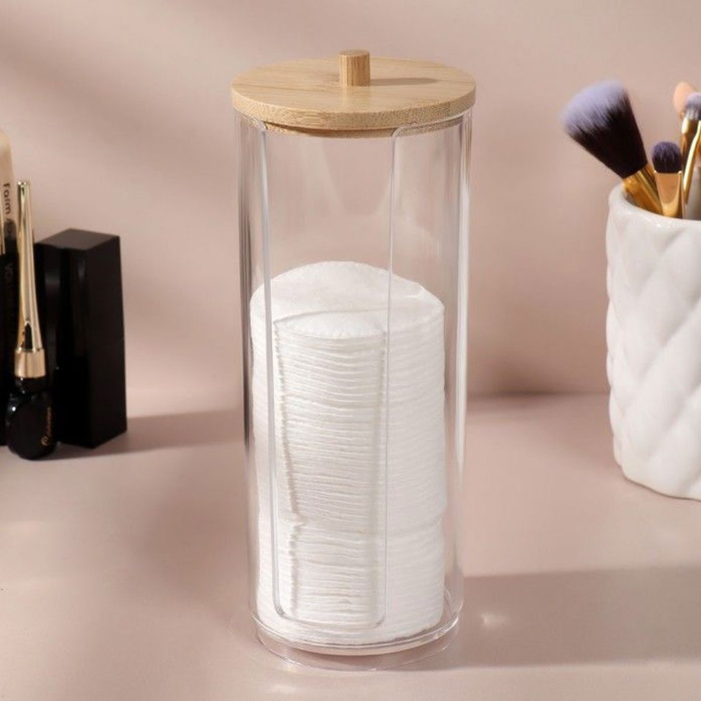 Organizador Algodão E Cotonetes Acrílico Tampa Bambu Kit