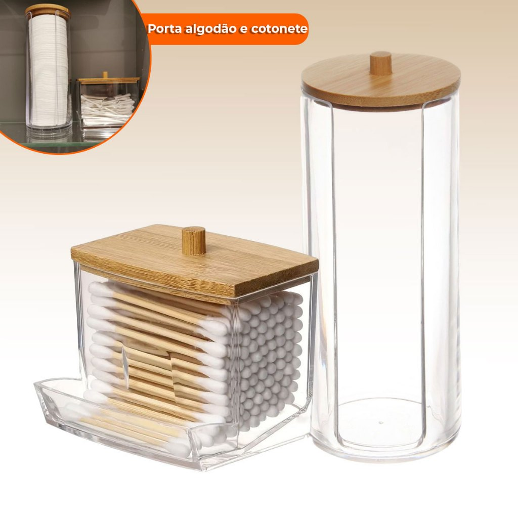 Organizador Algodão E Cotonetes Acrílico Tampa Bambu Kit