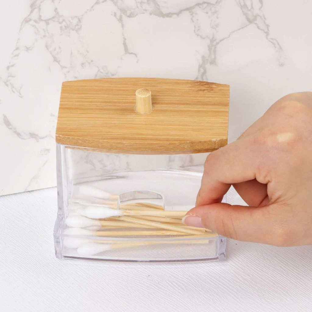 Organizador Algodão E Cotonetes Acrílico Tampa Bambu Kit