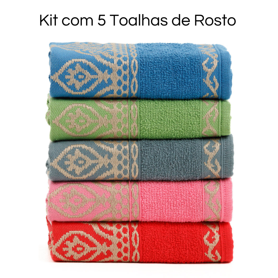 Kit 5 Toalha de Rosto Premium Grossa Bordada - 45x70cm - 100% Algodão - Seca Bem Veneza