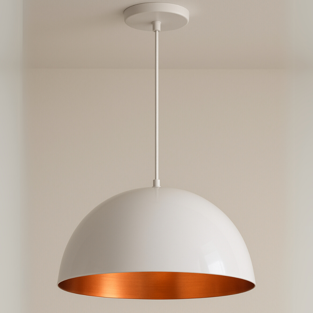Lustre Meia lua 30cm Pendente Branco c/ Cobre Decoração Elegante Sala Cozinha Teto