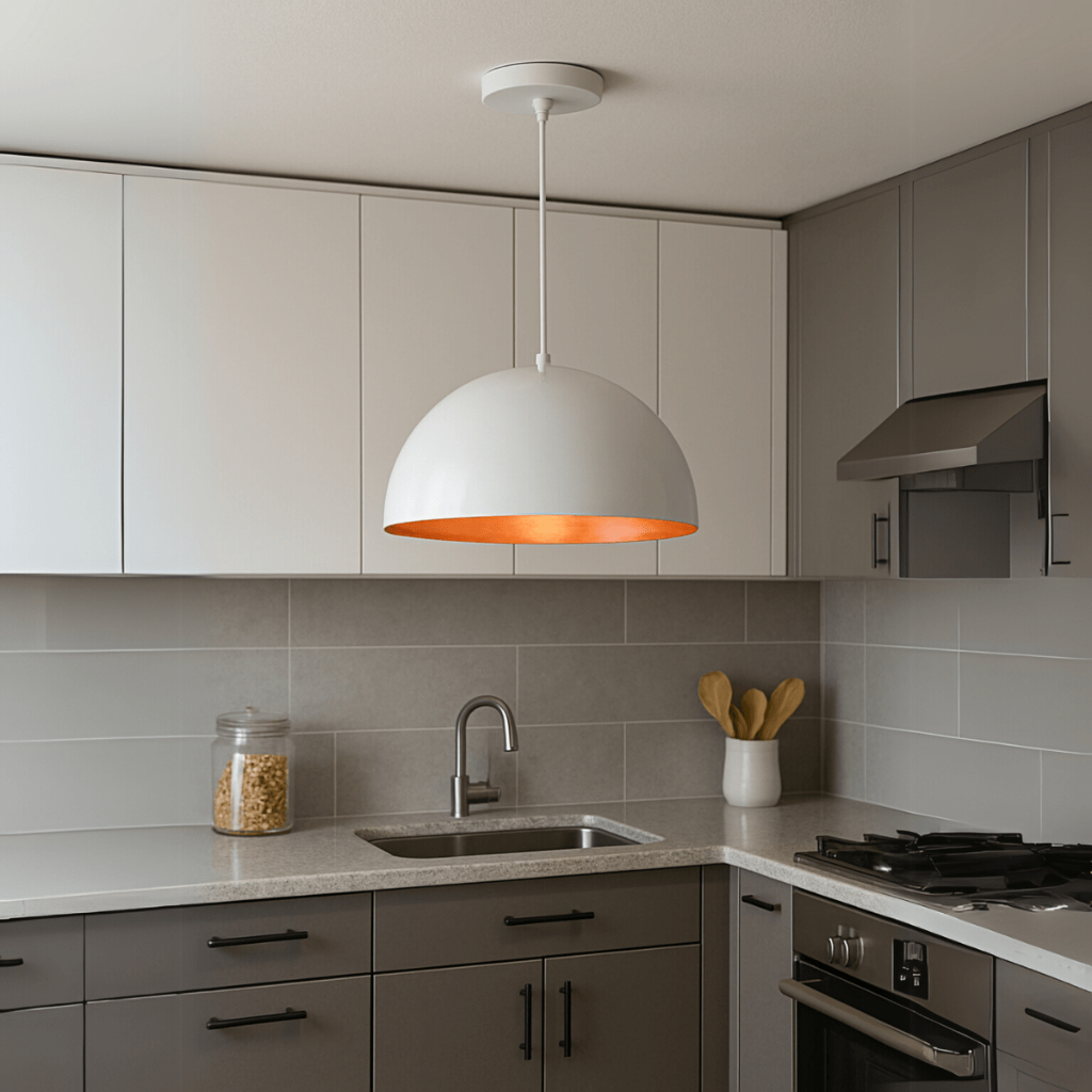 Lustre Meia lua 30cm Pendente Branco c/ Cobre Decoração Elegante Sala Cozinha Teto