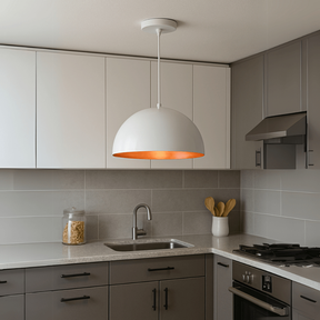 Lustre Meia lua 30cm Pendente Branco c/ Cobre Decoração Elegante Sala Cozinha Teto
