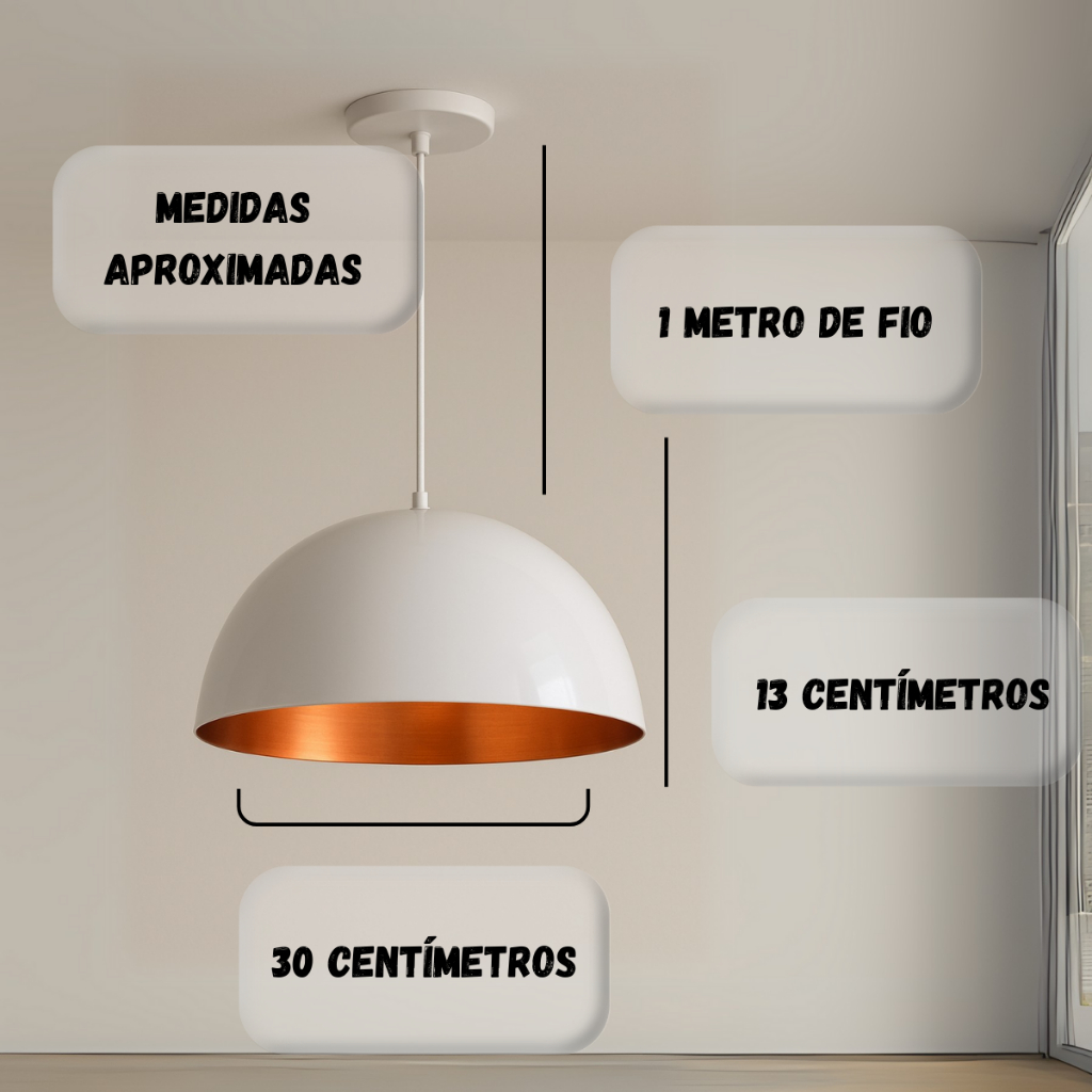 Lustre Meia lua 30cm Pendente Branco c/ Cobre Decoração Elegante Sala Cozinha Teto