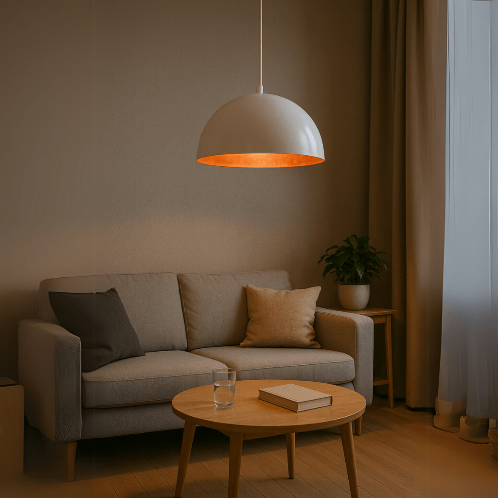 Lustre Meia lua 30cm Pendente Branco c/ Cobre Decoração Elegante Sala Cozinha Teto