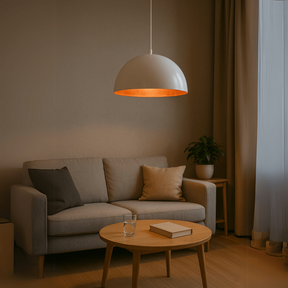 Lustre Meia lua 30cm Pendente Branco c/ Cobre Decoração Elegante Sala Cozinha Teto