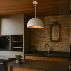 Lustre Meia lua 30cm Pendente Branco c/ Cobre Decoração Elegante Sala Cozinha Teto