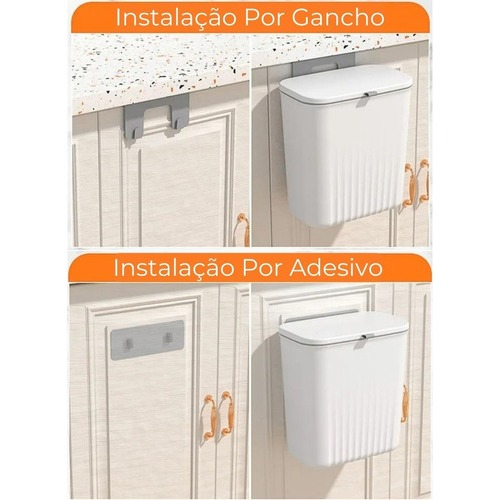 Lixeira Suspensa Com Tampa 9 Litros Suporte De Adesivos E Alça De Pentura Para Cozinha E Banheiro