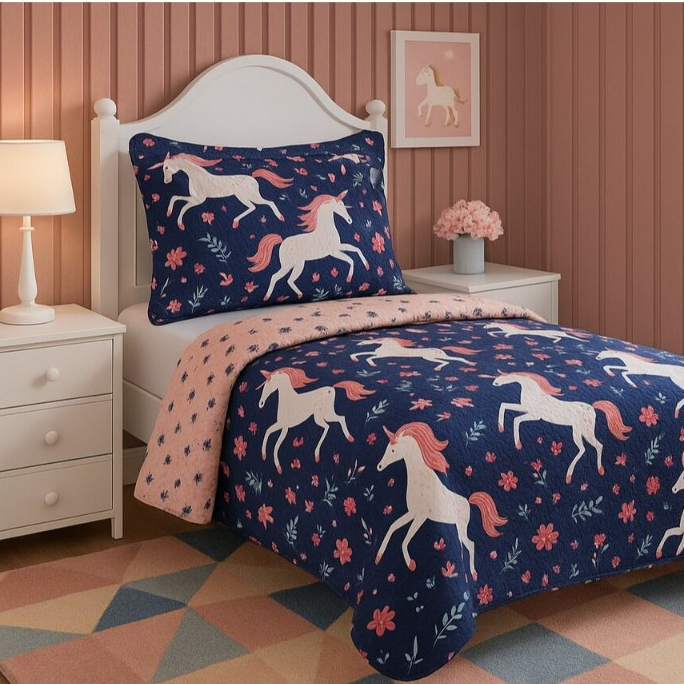 Kit Colcha Cobre leito Solteiro Infantil Dupla Face 2 Peças Estampado com Porta Travesseiro