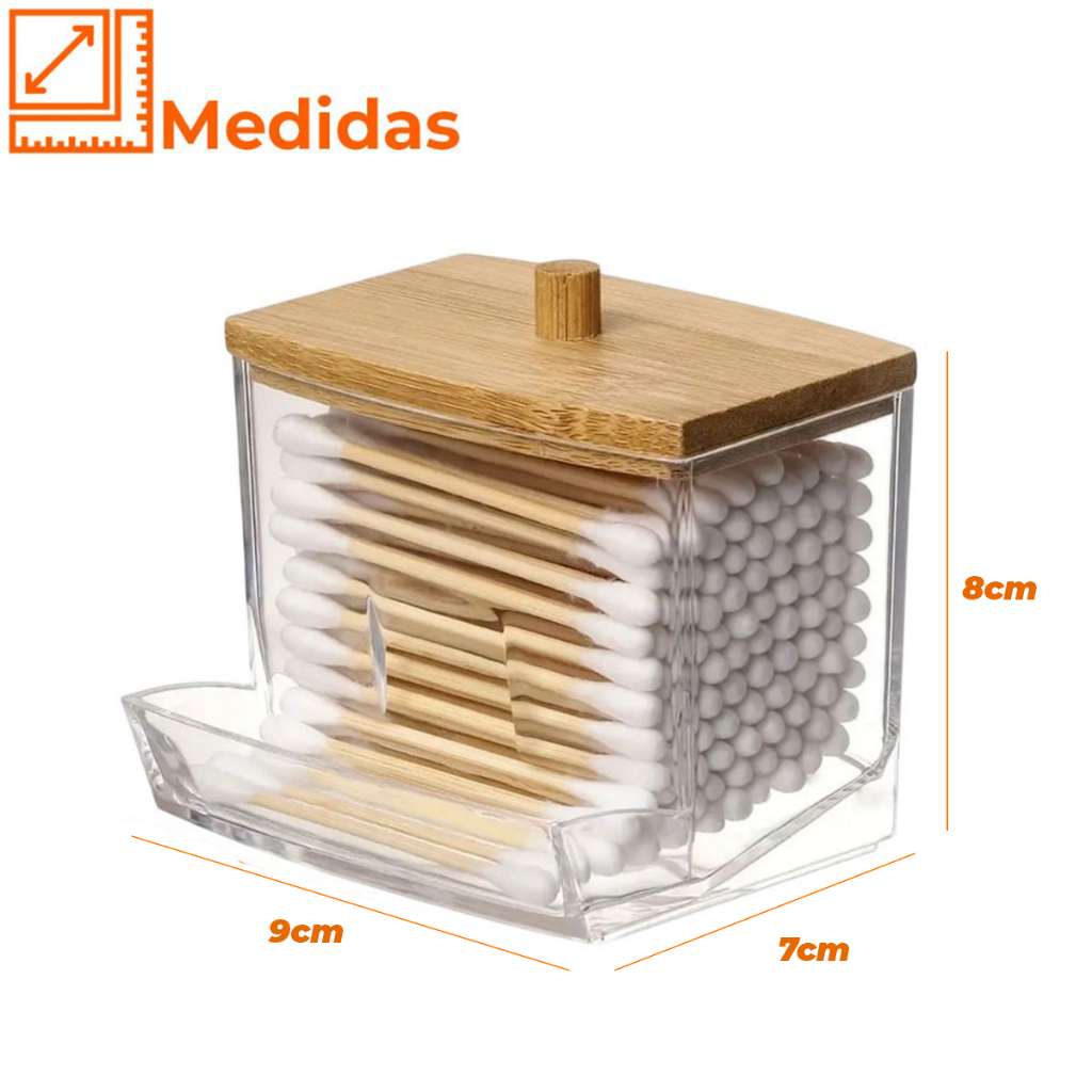 Organizador Algodão E Cotonetes Acrílico Tampa Bambu Kit