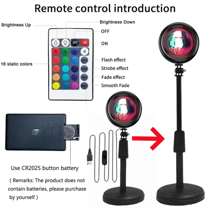 Lâmpada Pôr do Sol com Controle Remoto Luz Noturna USB 16 Cores Ajustáveis para Decoração de Quarto