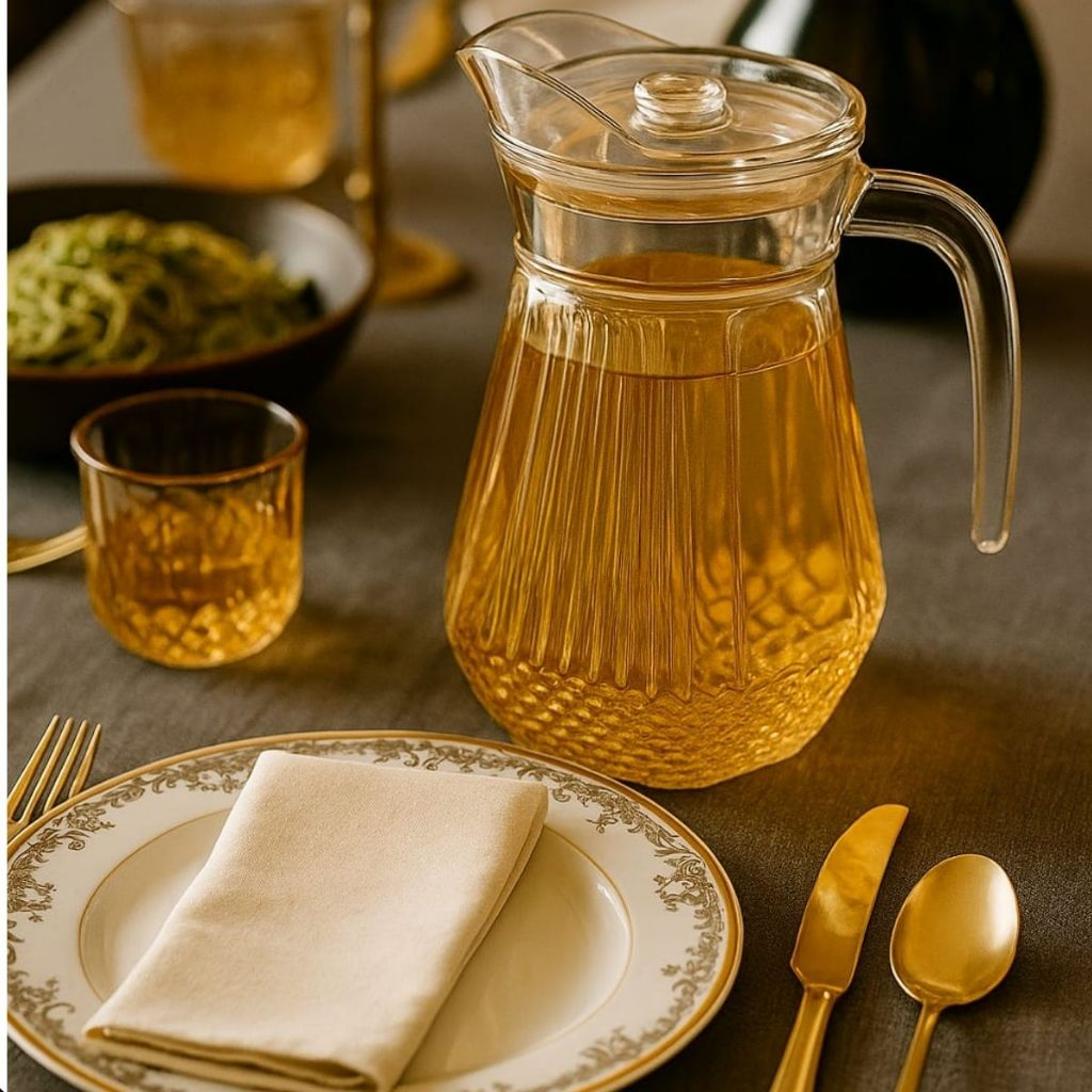 Conjunto de 1 Jarra de Vidro Âmbar com Tampa e 6 Copos – 7 Peças – Design Sofisticado e Resistente