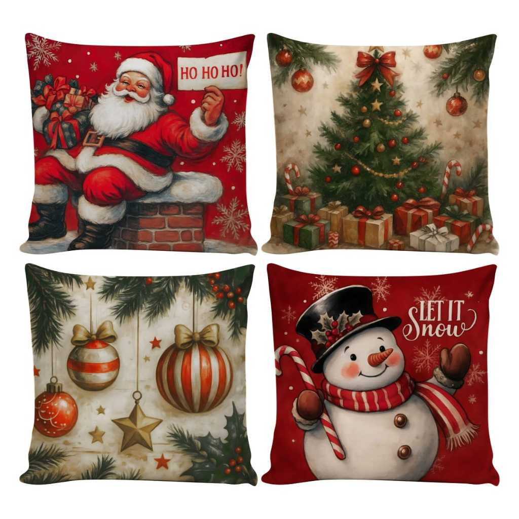 Kit 4 Capas de Almofadas Decorativas 45x45cm Feliz Natal