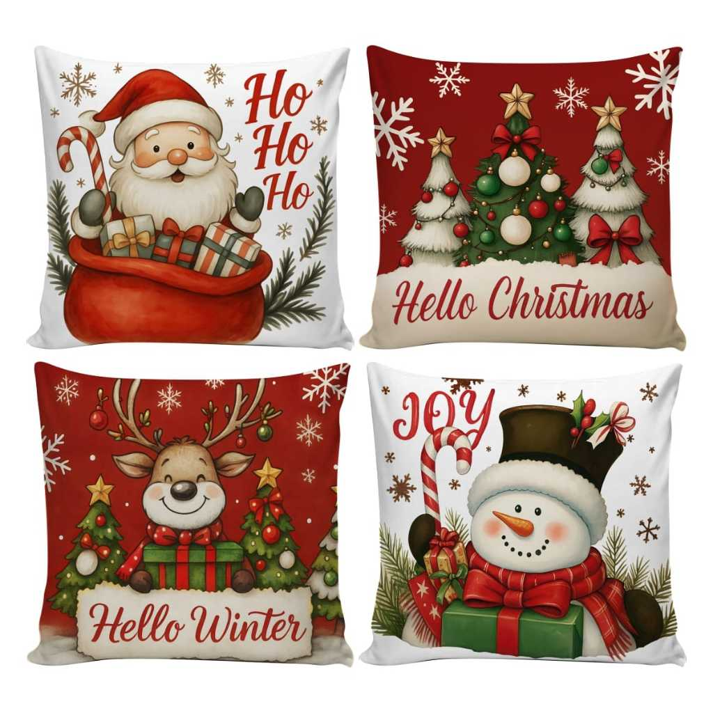 Kit 4 Capas de Almofadas Decorativas 45x45cm Feliz Natal