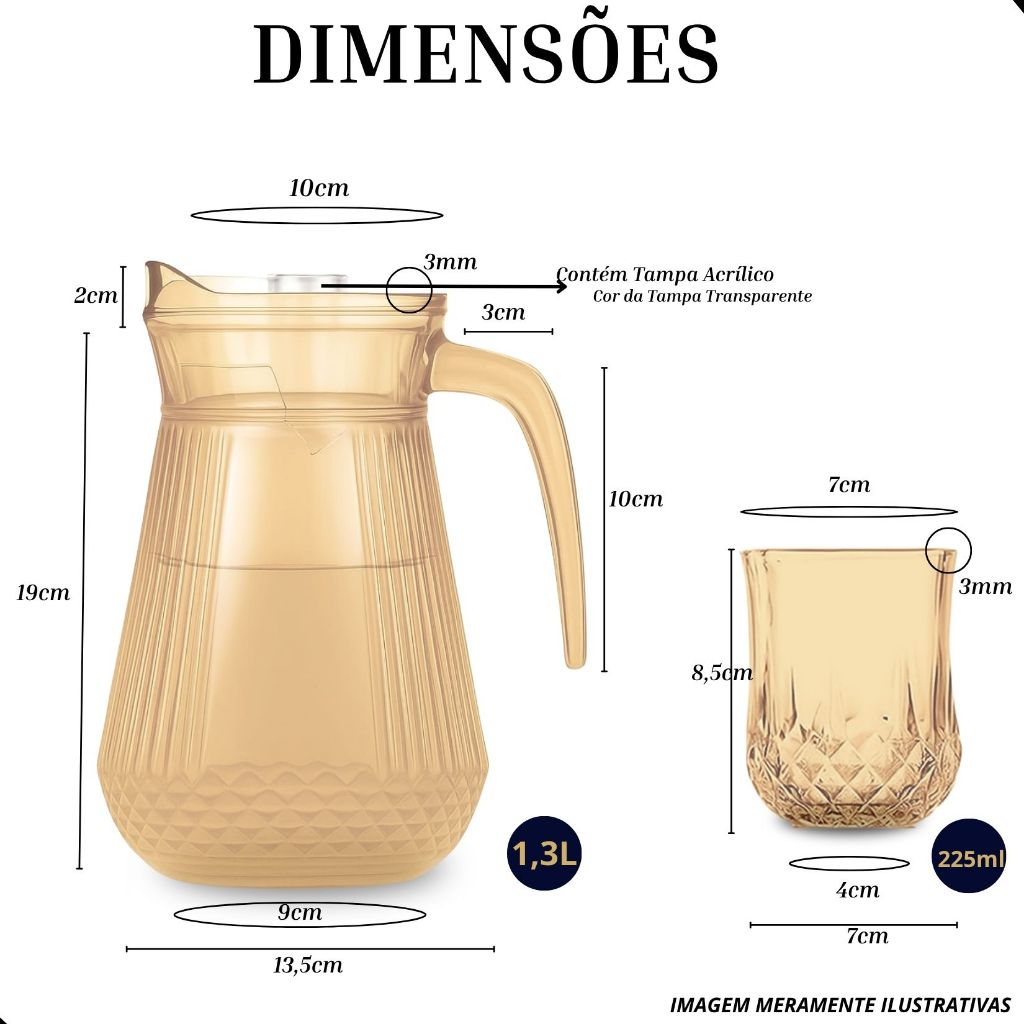 Conjunto de 1 Jarra de Vidro Âmbar com Tampa e 6 Copos – 7 Peças – Design Sofisticado e Resistente