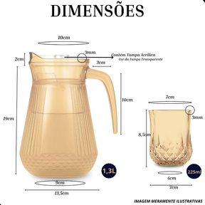 Conjunto de 1 Jarra de Vidro Âmbar com Tampa e 6 Copos – 7 Peças – Design Sofisticado e Resistente