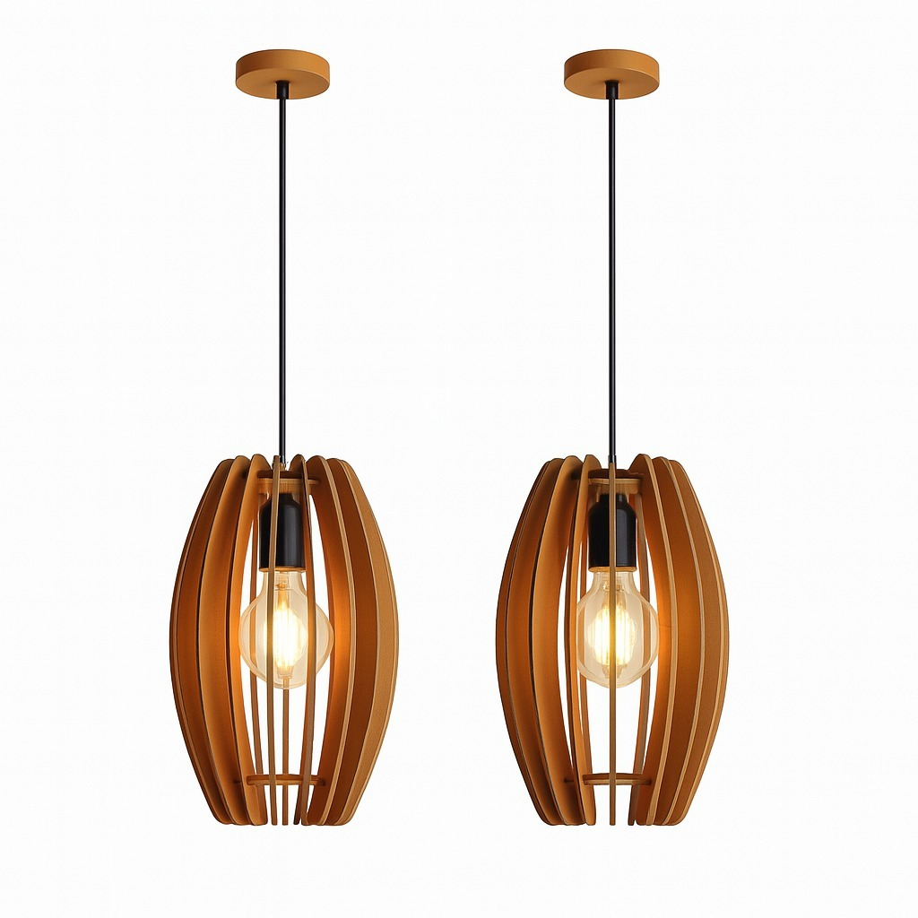 Kit 2 Lustre Pendente De Teto Em Madeira Para Decoração Sala Jantar Quarto Cozinha