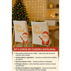 Capas de Cadeira Natalinas Elásticas – Papai Noel Feliz Natal