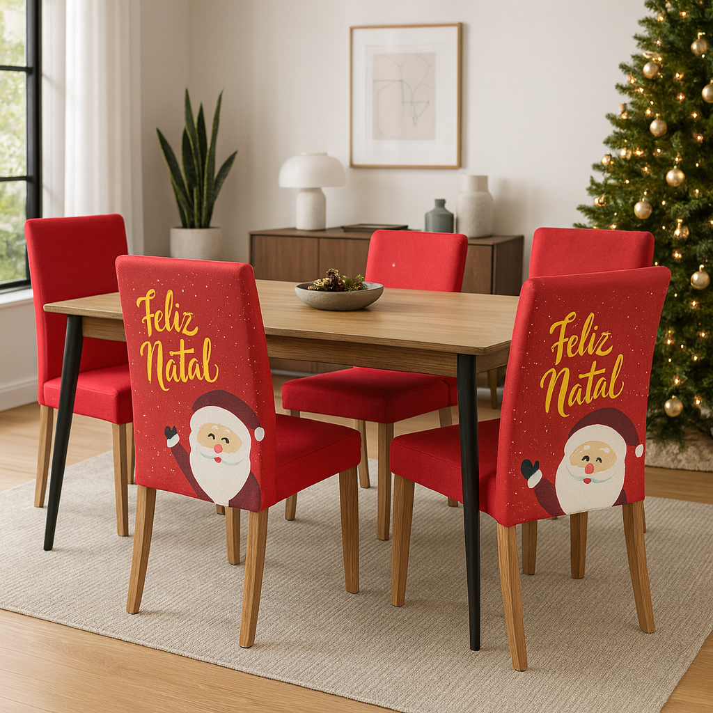 Capas de Cadeira Natalinas Elásticas – Papai Noel Feliz Natal