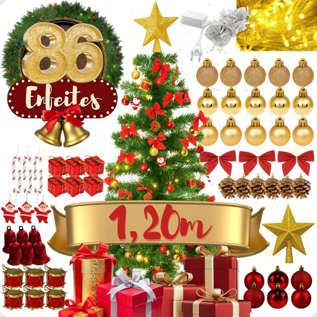 Árvore De Natal 120cm 86 Enfeites Pisca 120 Galhos Decorada Decoração Completa