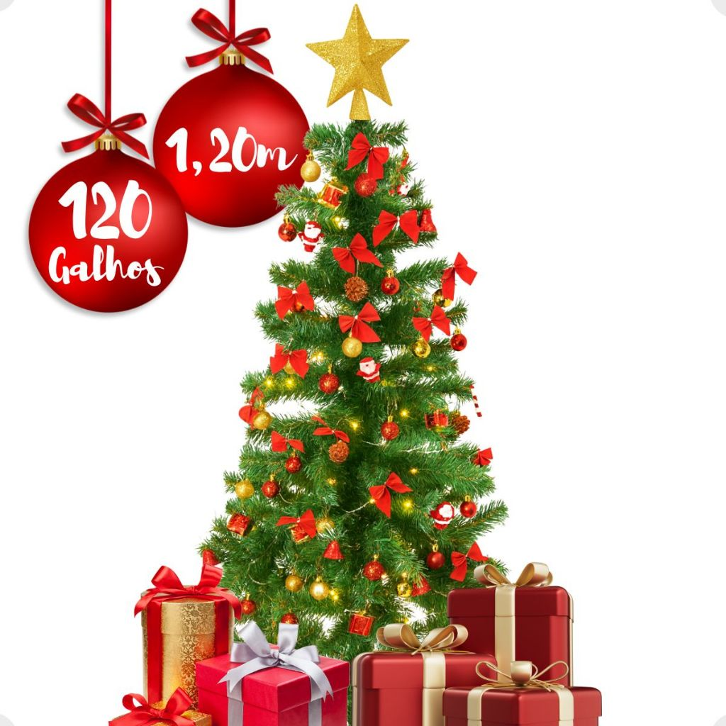 Árvore De Natal 120cm 86 Enfeites Pisca 120 Galhos Decorada Decoração Completa